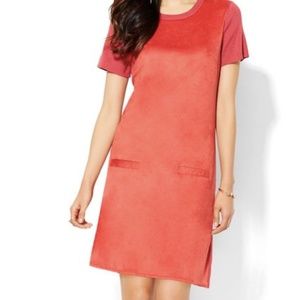 FAUX-SUEDE FRONT SHIFT DRESS - 7TH AVENUE